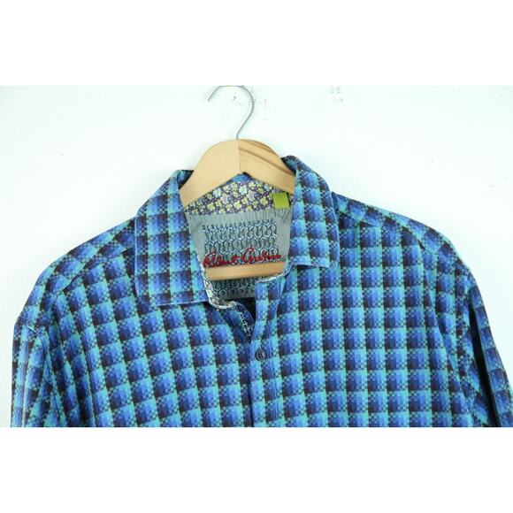 Robert Graham 2XL XXL Blue geometric Check Flip Cuff Classic Fit Cotton Shirt - Picture 2 of 11